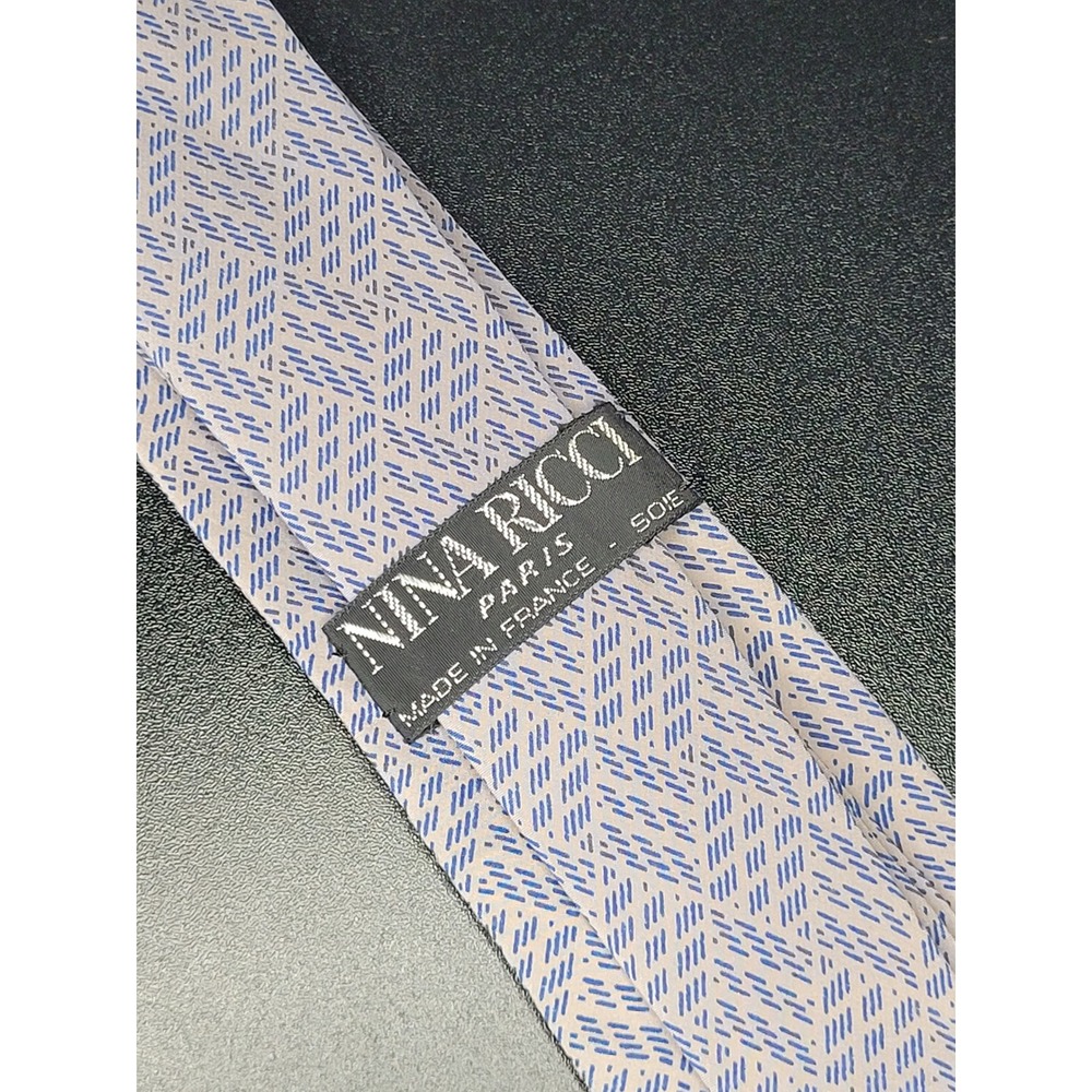Vintage Nina Ricci Silk Tie Tan Blue Geometric Made France 3.25